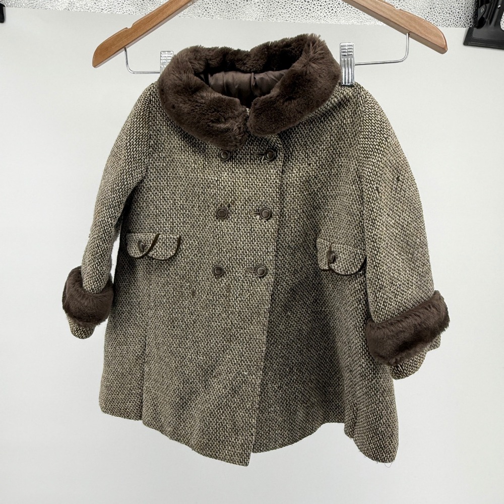 Vintage Little Miss Robin Kids Tweed Coat Faux Fur Collar Brown USA